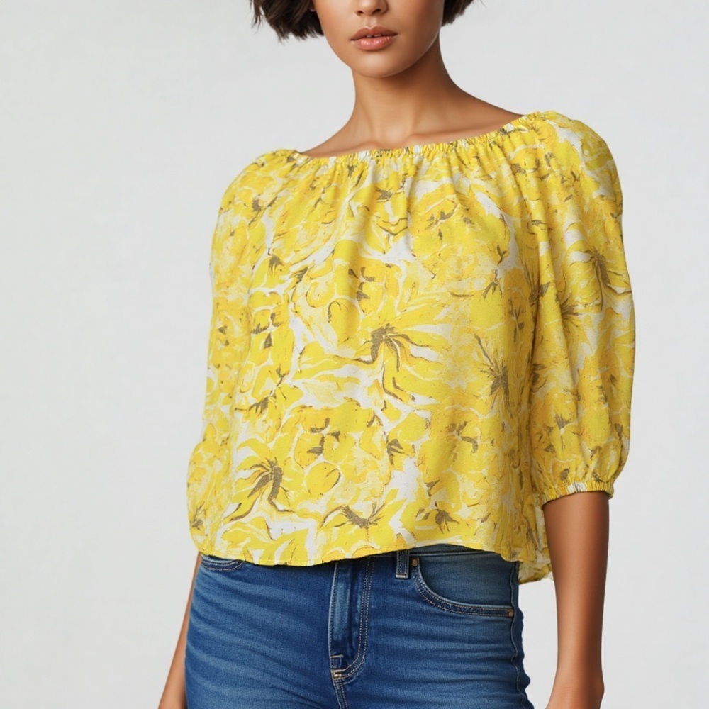White House Black Market Yellow Floral Peasant Blouse